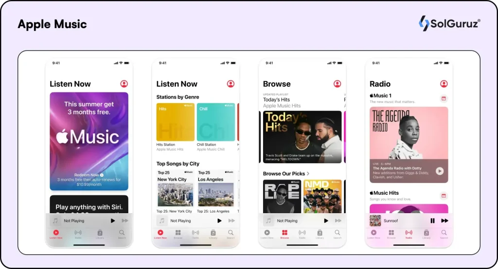 Apple Music streaming platform with curated playlists and artists.