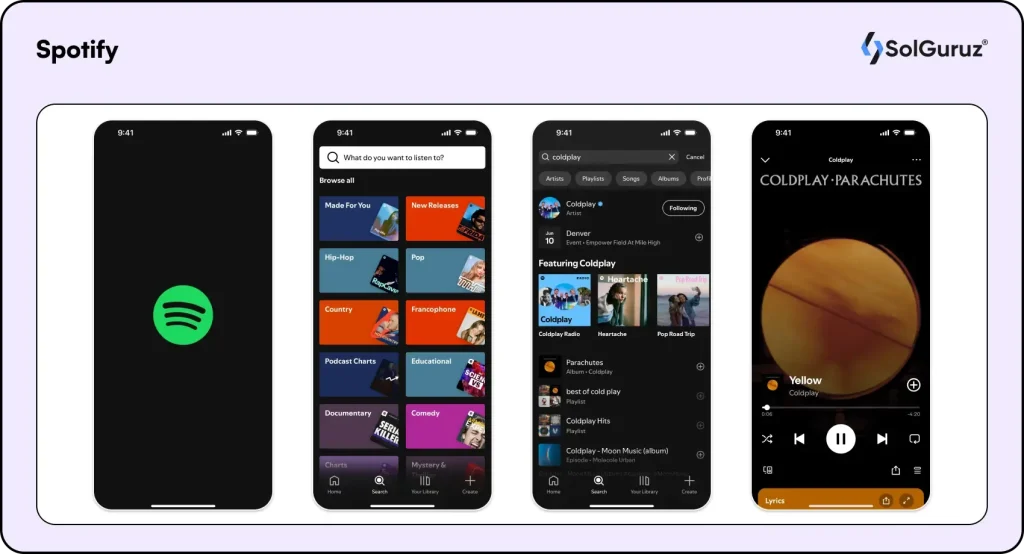 Spotify app interface showing trending songs and playlist options.