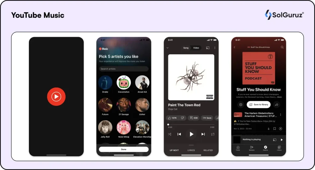 YouTube Music app interface with music videos and trending tracks.